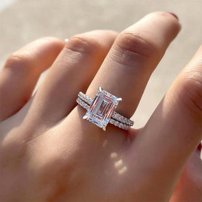 2pcs Solitaire Emerald Cut Bridal Ring Set in Sterling Silver