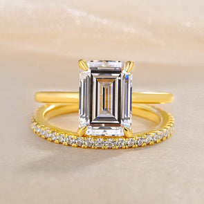 2pcs Gold Tone Emerald Cut Bridal Set Ring In Sterling Silver