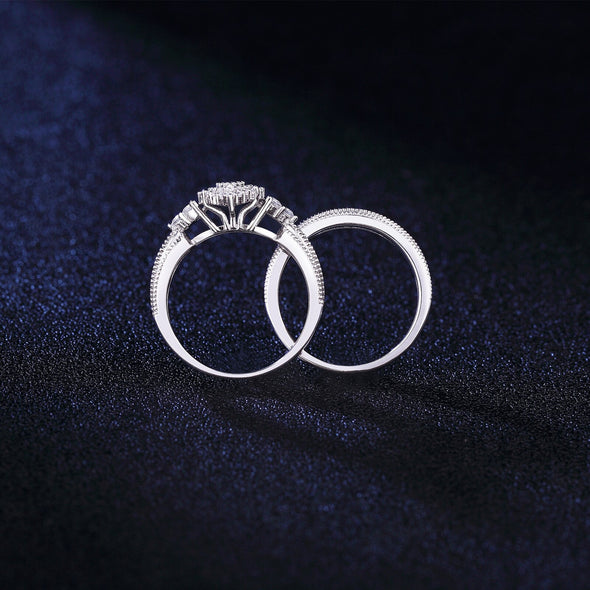 2pcs Marquise Shape Cluster Wedding Rings Set in Sterling Silver