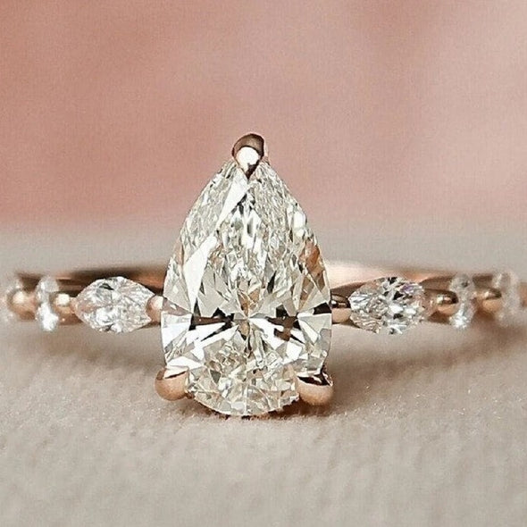Solitaire Pear Cut with Marquise Cut Stone Engagement Ring in Sterling Silver