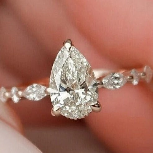 Solitaire Pear Cut with Marquise Cut Stone Engagement Ring in Sterling Silver