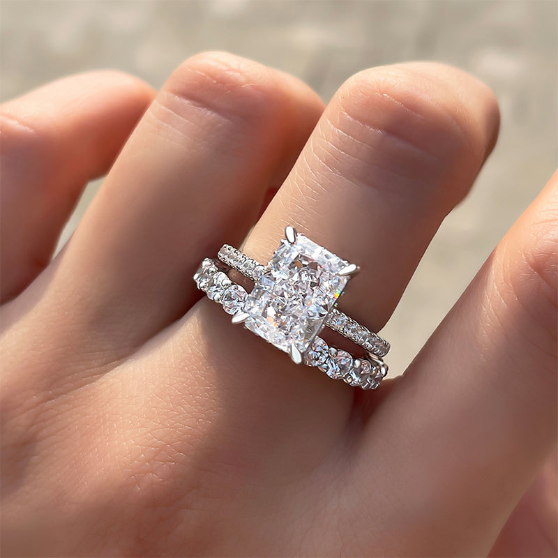 Solitaire Radiant Cut Bridal Set Rings with Round Cut Band In Sterling Silver
