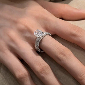 Elegant Textured Band & Side Stones Solitaire Oval Cut Sterling Silver Ring