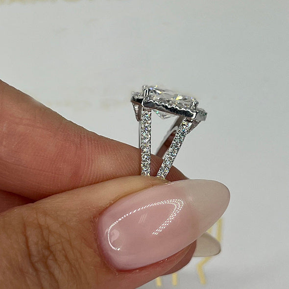 Split Shank Halo Radiant Cut Engagement Ring In Sterling Silver