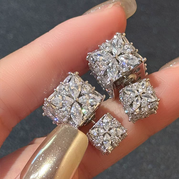 Double Square Sparkling Crystal Stud Earrings – Elegant Layered Look