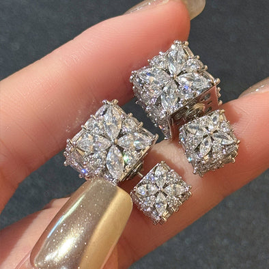 Double Square Sparkling Crystal Stud Earrings – Elegant Layered Look