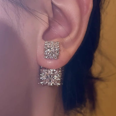 Double Square Sparkling Crystal Stud Earrings – Elegant Layered Look