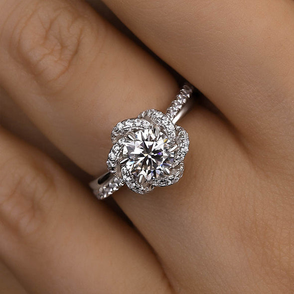 Beautiful Twist Design Flower Round Cut Engagement Ring in Sterling Silver