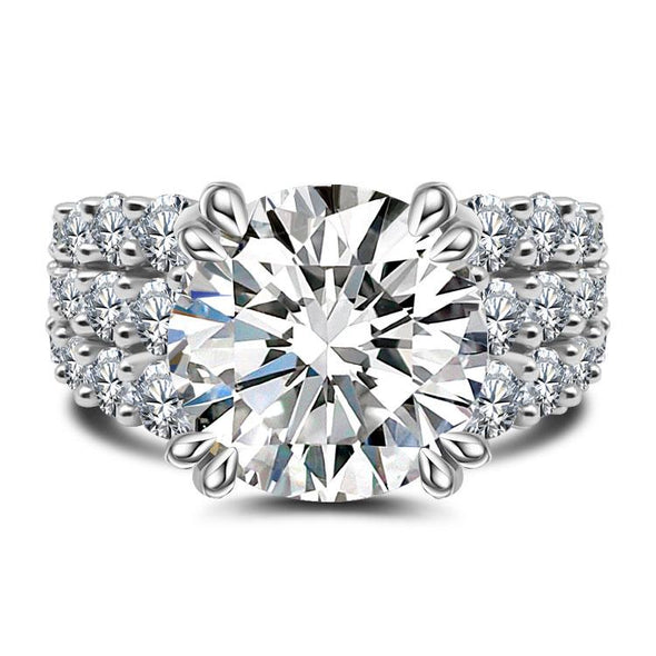 Round Cut Double Prong Three-Row Engagement Ring