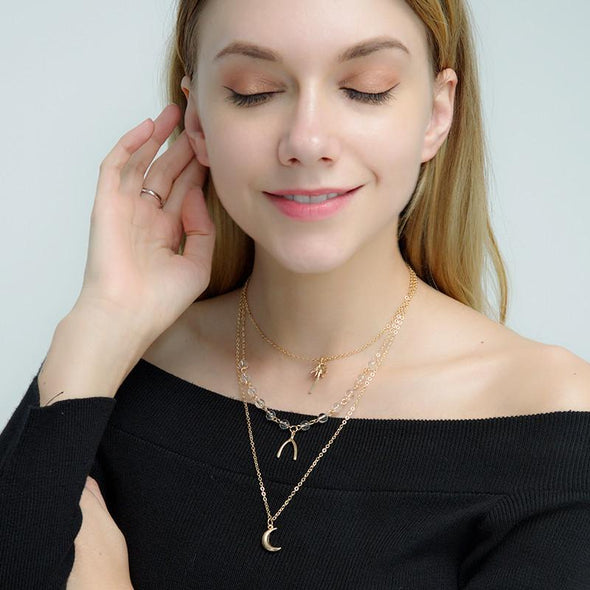 Crescent Moon Wishbone Coconut Layered Necklace