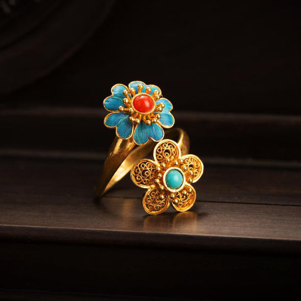 Vintage Style Sterling Silver Double Flower Turquoise Ring