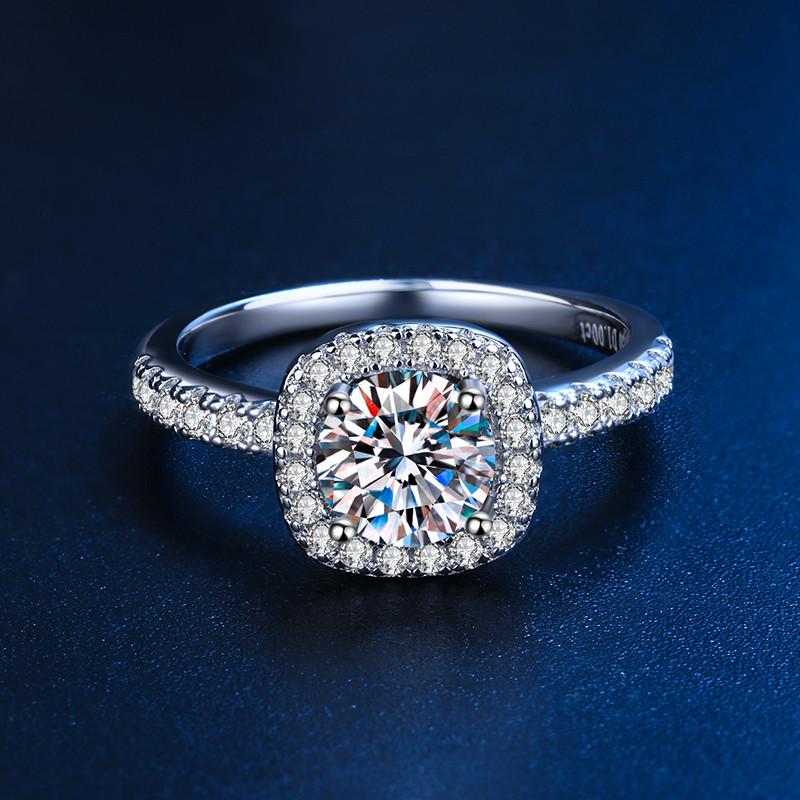 Moissanite Halo Round Cut Sterling Silver Engagement Ring