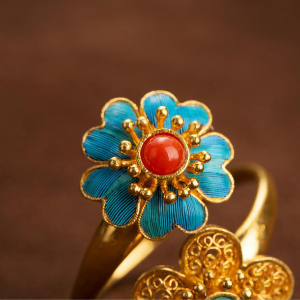 Vintage Style Sterling Silver Double Flower Turquoise Ring