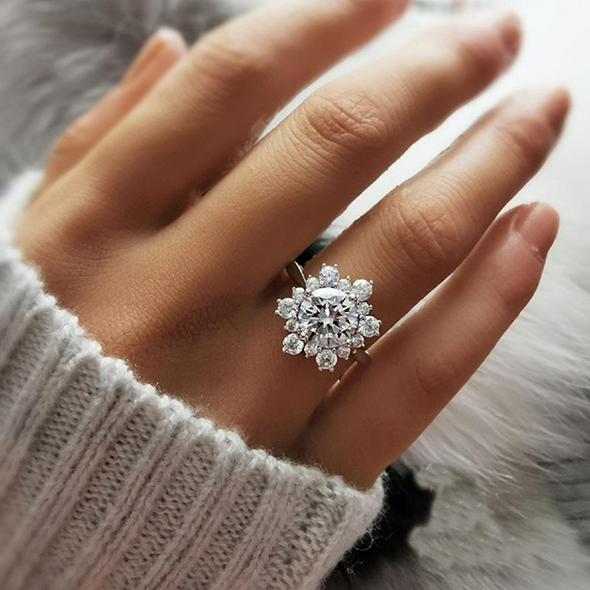 Unique Snowflake Design Round Cut Sterling Silver Engagement Ring