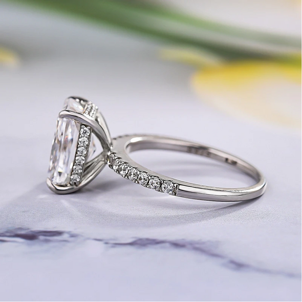 Sale | Radiant Cut Classic 4 Prong Half Eternity Sterling Silver Engagement Ring