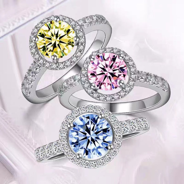 Colored Round Cut Halo Moissanite Engagement Ring