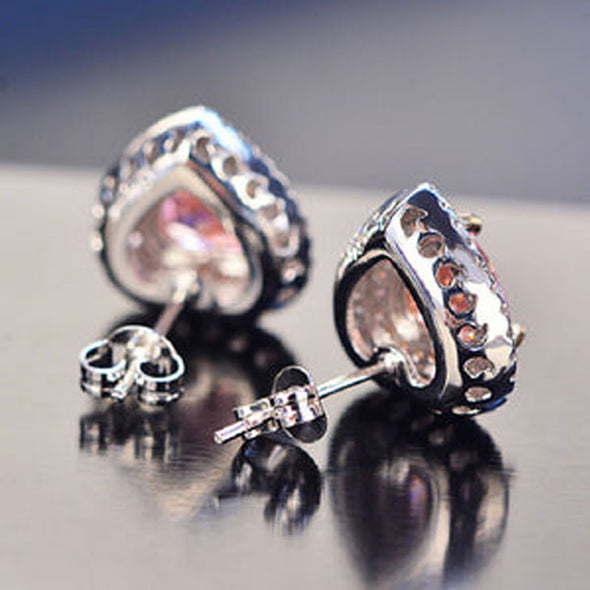 Double Halo Pink Heart Cut Sterling Silver Stud Earrings