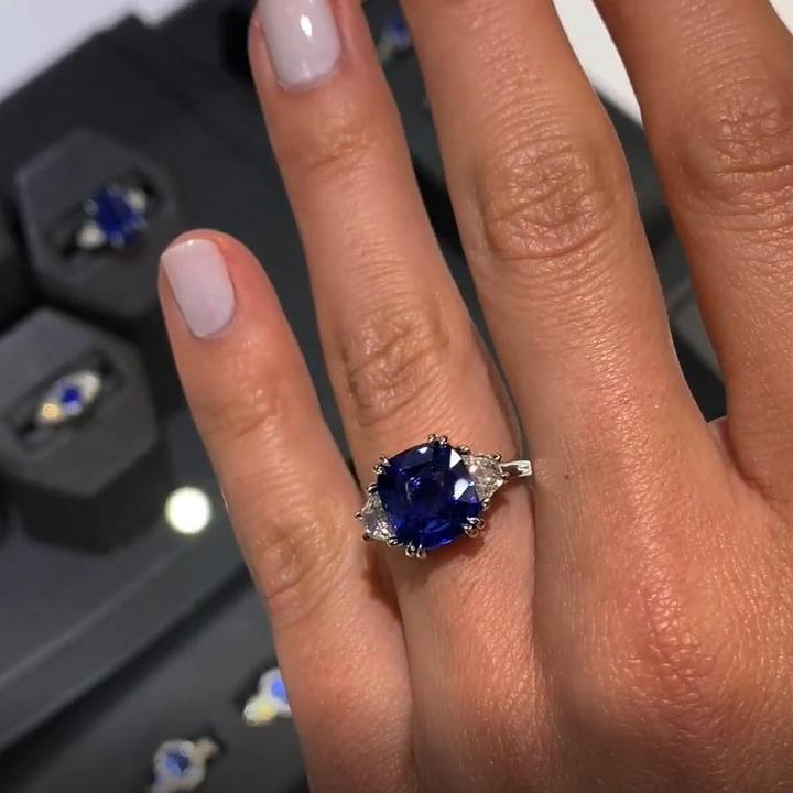 Three-Stone Emerald-Cut Blue Sapphire and Diamond Ring
