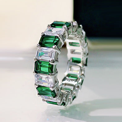 Multi-Colored Eternity Emerald Cut Sterling Silver Wedding Band