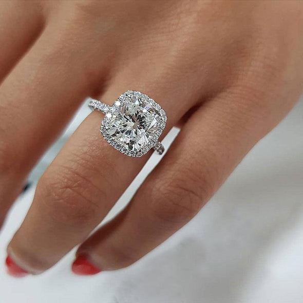 3.2 Carat Cushion Cut Halo Engagement Ring In Sterling Silver