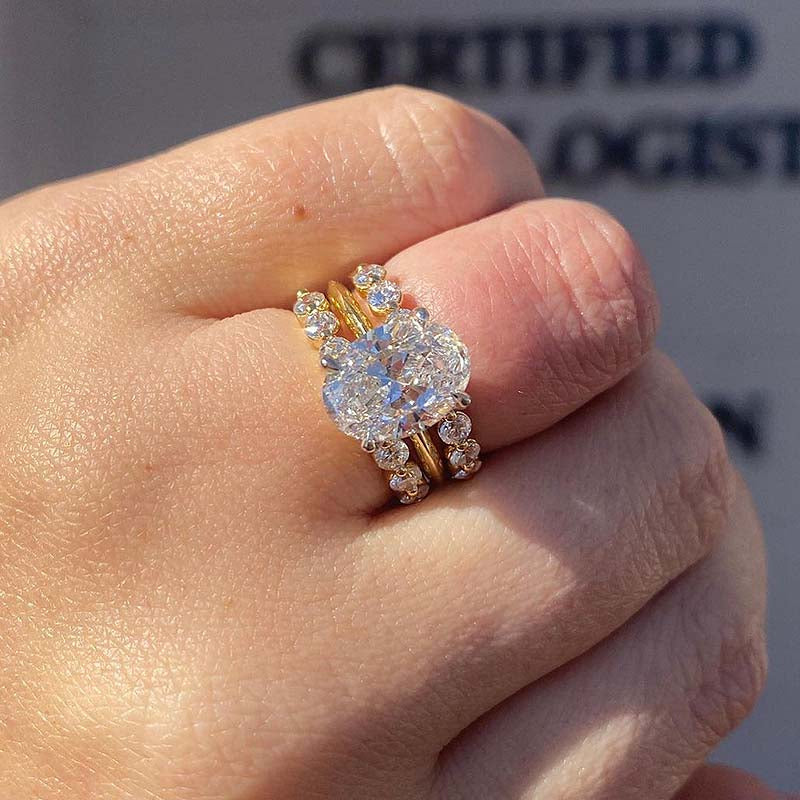 Oval Engagement Rings Pave Diamond Wedding Band Yellow Gold Oval