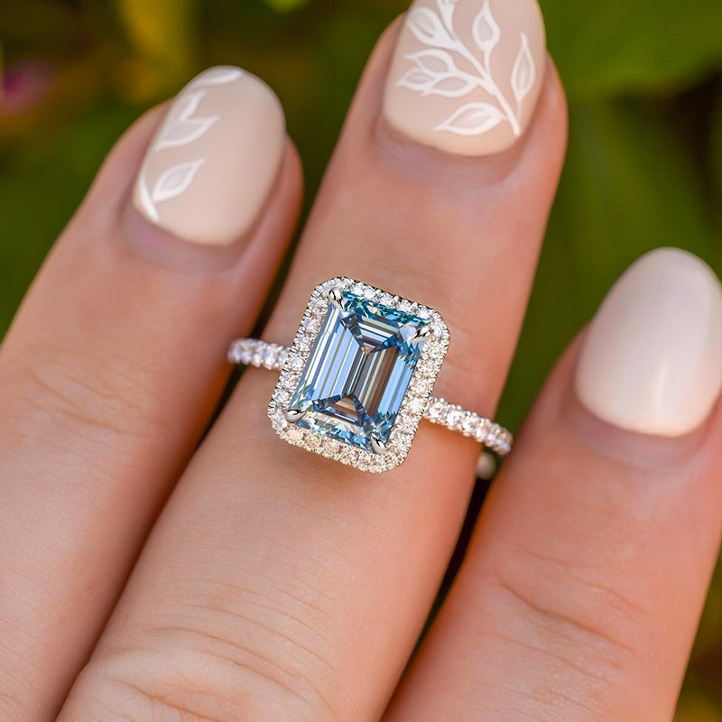 Emerald-Cut Fancy Blue Diamond 3-Stone Engagement Ring