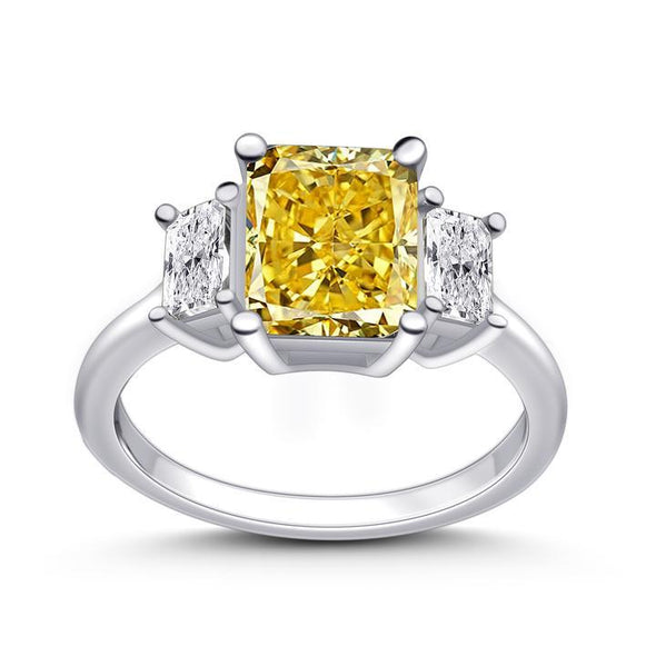 Two Tone Radiant Cut Three Stone Engagement Ring