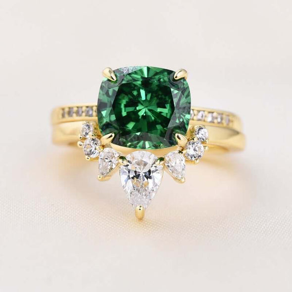 Luxurious Golden Tone Cushion Cut Emerald Green Bridal Set Sterling Silver