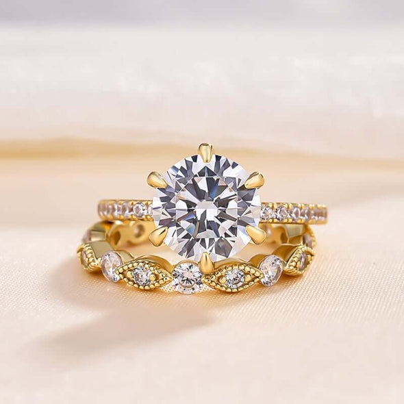 Classic Golden Tone Round Cut 6 Prong Bridal Set In Sterling Silver