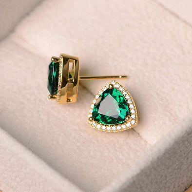 Luxury Golden Tone Emerald Green Sterling Silver Stud Earrings