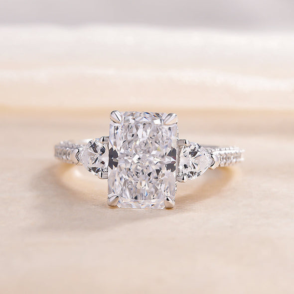 Radiant Cut Three Stone Engagement Ring With Two Heart Cut Side Stones ...