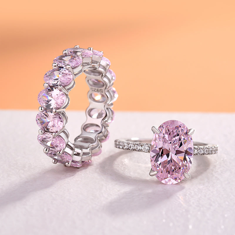 Sweet Pink Gemstone Oval Cut Sterling Silver Bridal Set – shine of