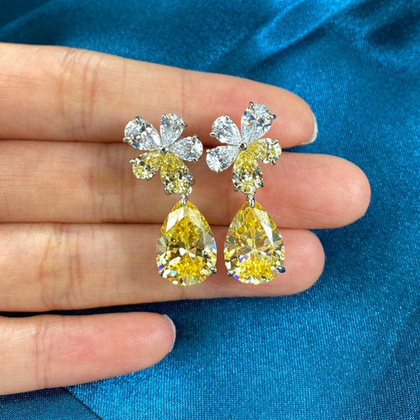 Unique Two Tone Pear Cut Gem Flower Design Sterling Silver Drop Earrings