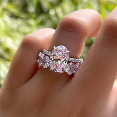 Sweet Pink Gemstone Oval Cut Sterling Silver Bridal Set