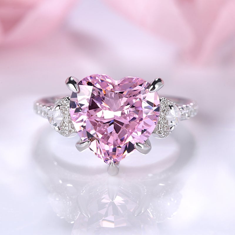 Luxury 925 Sterling Silver Pink Heart Diamond Gemstone Rings For