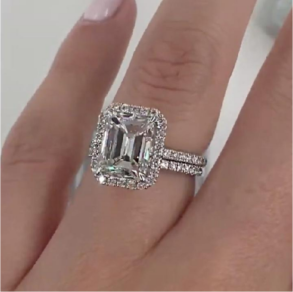Halo Emerald Cut Sterling Silver Bridal Set with Side Stone Band