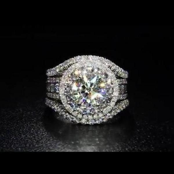 Round Cut  Halo Engagement Ring in Sterling Silver with Guard Enhancer