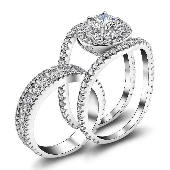 Round Cut  Halo Engagement Ring in Sterling Silver with Guard Enhancer