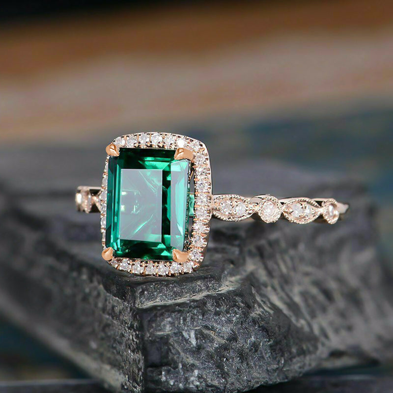 Hexagon emerald ring dainty vintage emerald engagement ring 7 stone ma –  Ohjewel