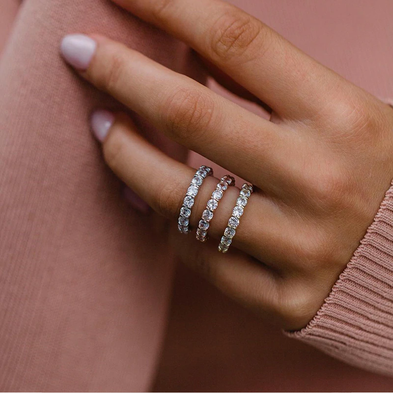 3 Color Available) Classic Round Cut Sterling Silver Stackable Wedding Band