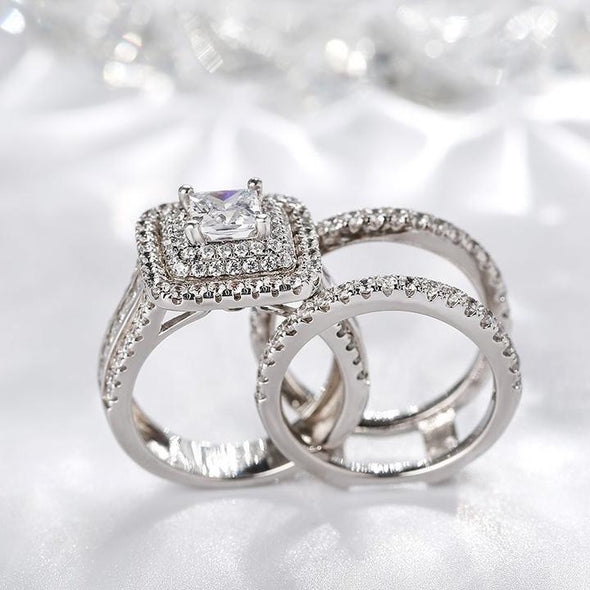 Halo Princess Cut Sterling Silver Enhancer Bridal Set in Sterling Silver