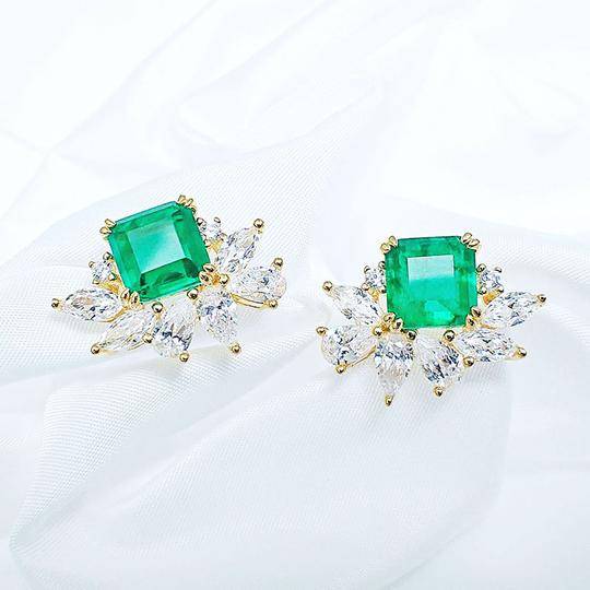 Flower Design Princess Cut Emerald Green Sterling Silver Stud Earrings