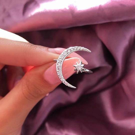 Crescent Moon & Star Adjustable Open Ring In Sterling Silver