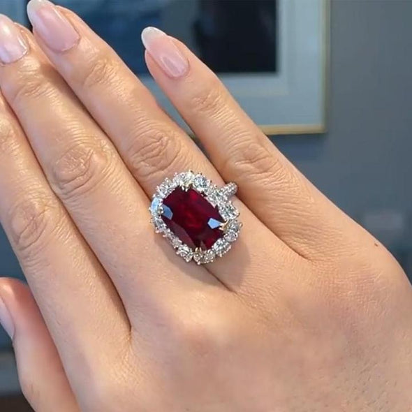 Sparkling Halo Ruby Cushion Cut Party & Engagement Ring