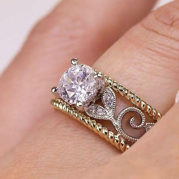 Two-tone Vintage Engraved Round Cut Engagement Ring