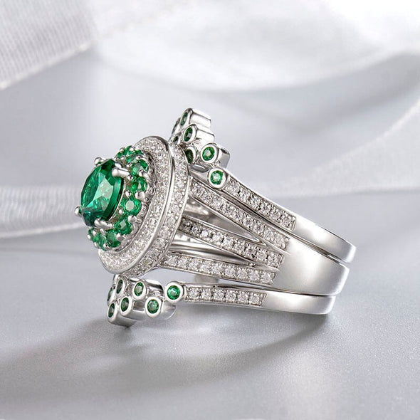 Vintage Emerald Green Round Cut Sterling Silver Cluster Ring Sets