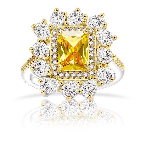 Halo Radiant Cut Yellow Tone Cluster Engagement Ring