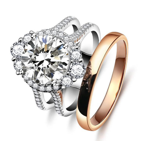 Round Cut Double Row Stone Split Halo Bridal Set with Rose Gold Band