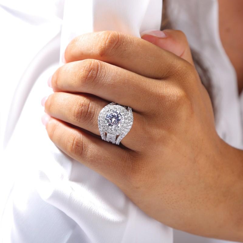 Round Cut  Halo Engagement Ring in Sterling Silver with Guard Enhancer