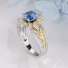 Sunflower Design Round Cut Aquamarine Sterling Silver Engagement Ring